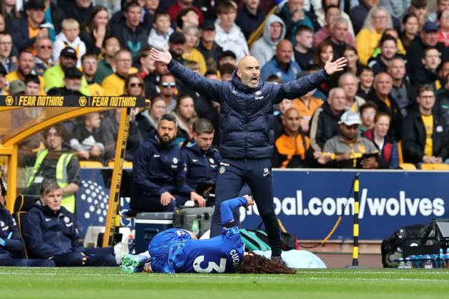 Enzo Maresca responds to a stricken Marc Cucurella. (Photo by David Rogers/Getty Images)