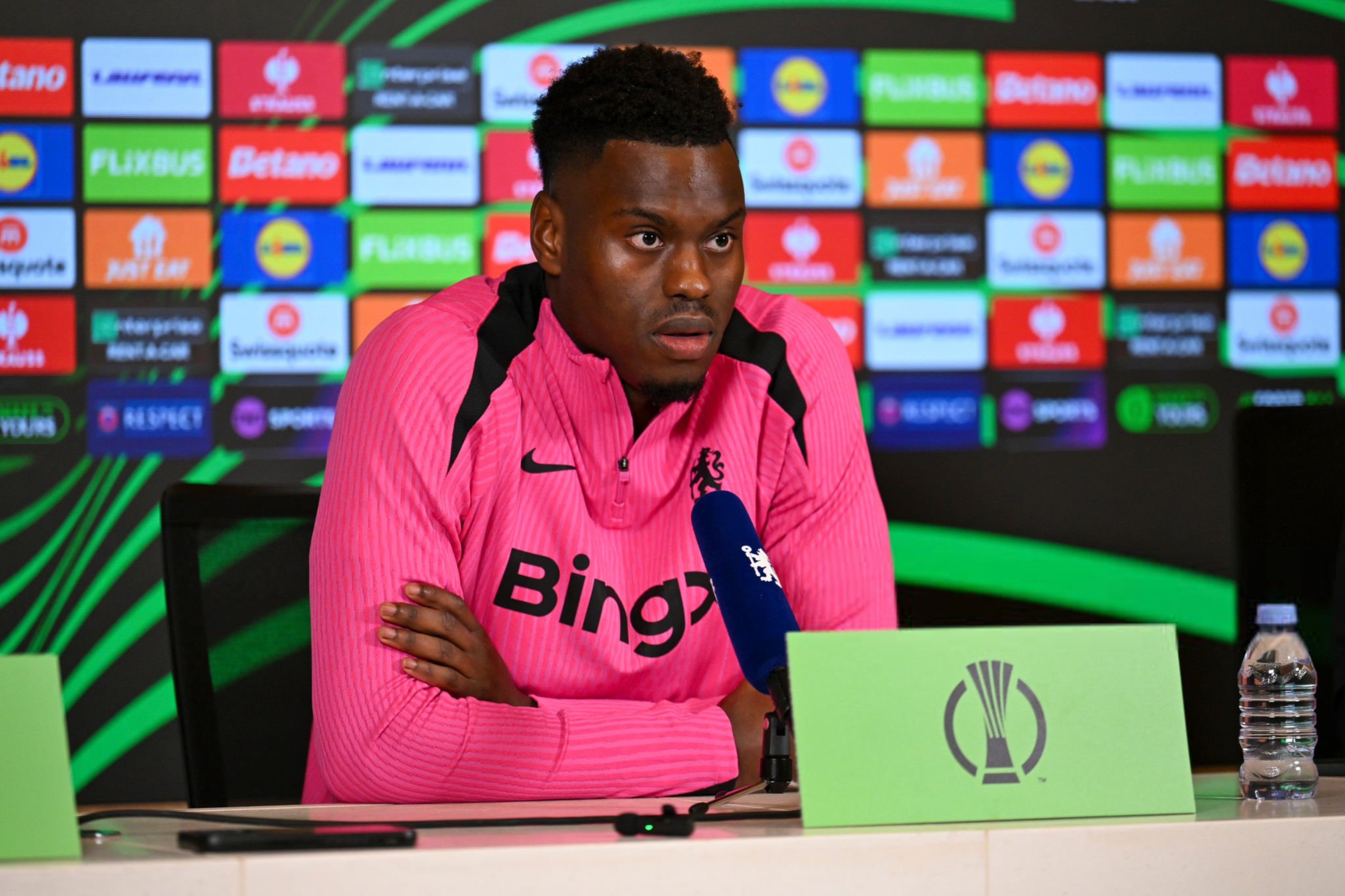 Benoit Badiashile in a Conference League press conference with Chelsea.  (Photo by Darren Walsh/Chelsea FC)