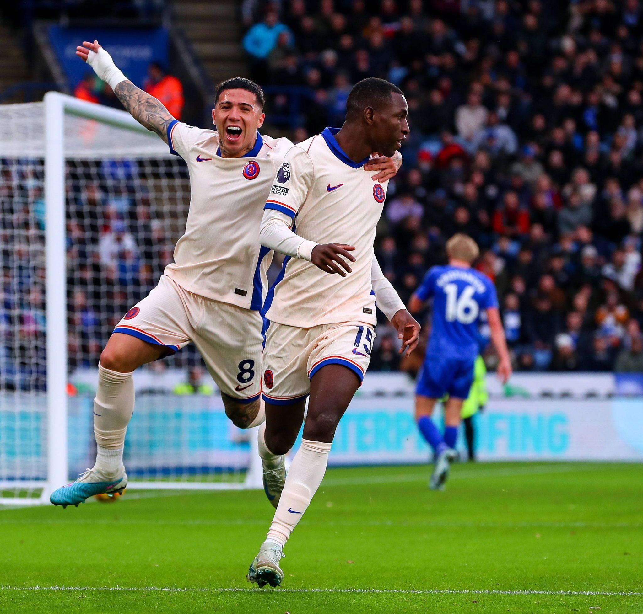 Nicolas Jackson and Enzo Fernandez celebrate a goal against Leicester. (Photo by Darren Walsh/Chelsea FC)