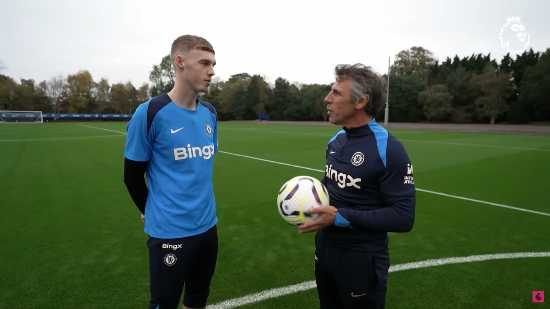 Cole Palmer and Gianfranco Zola having fun at Cobham.