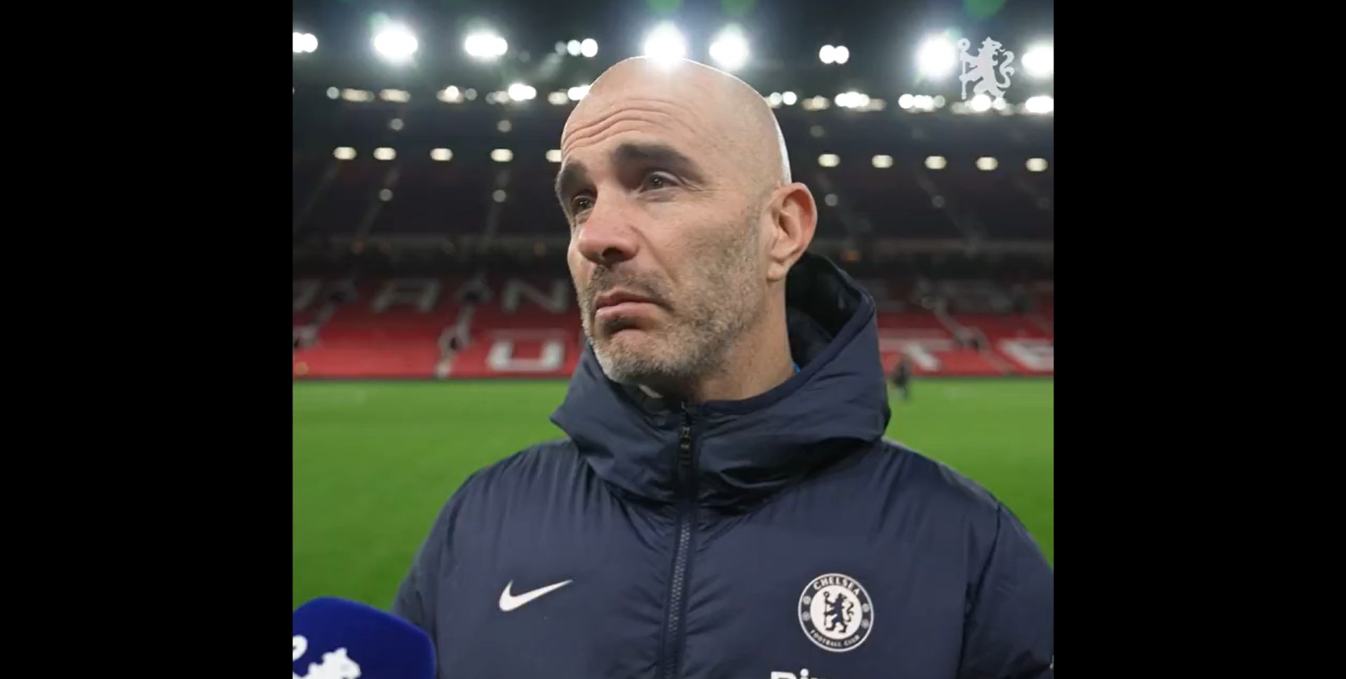 Enzo Maresca speaking at Old Trafford after a win.