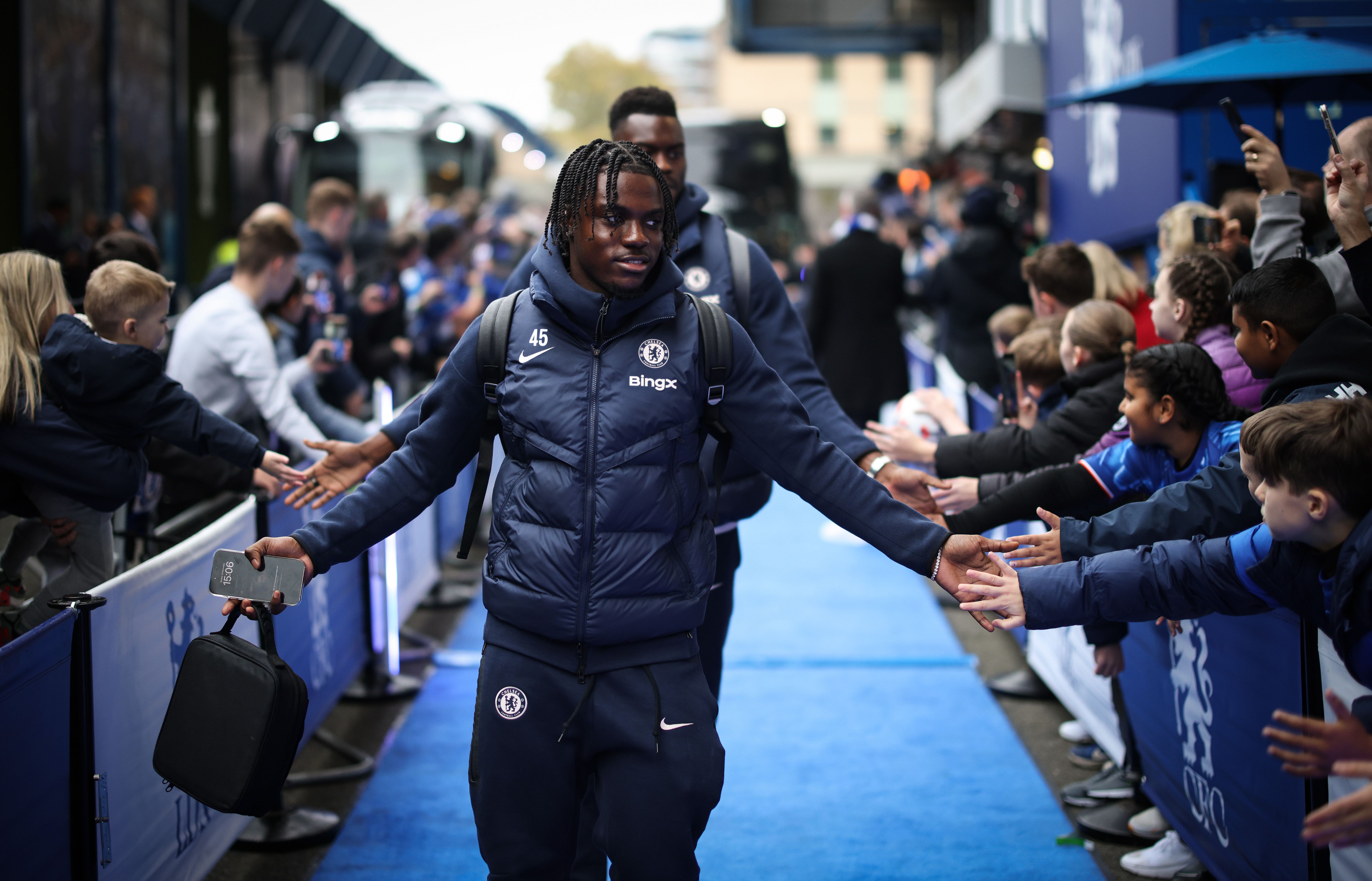 Romeo Lavia arriving at Stamford Bridge for Chelsea match. (Photo by Ryan Pierse/Getty Images)