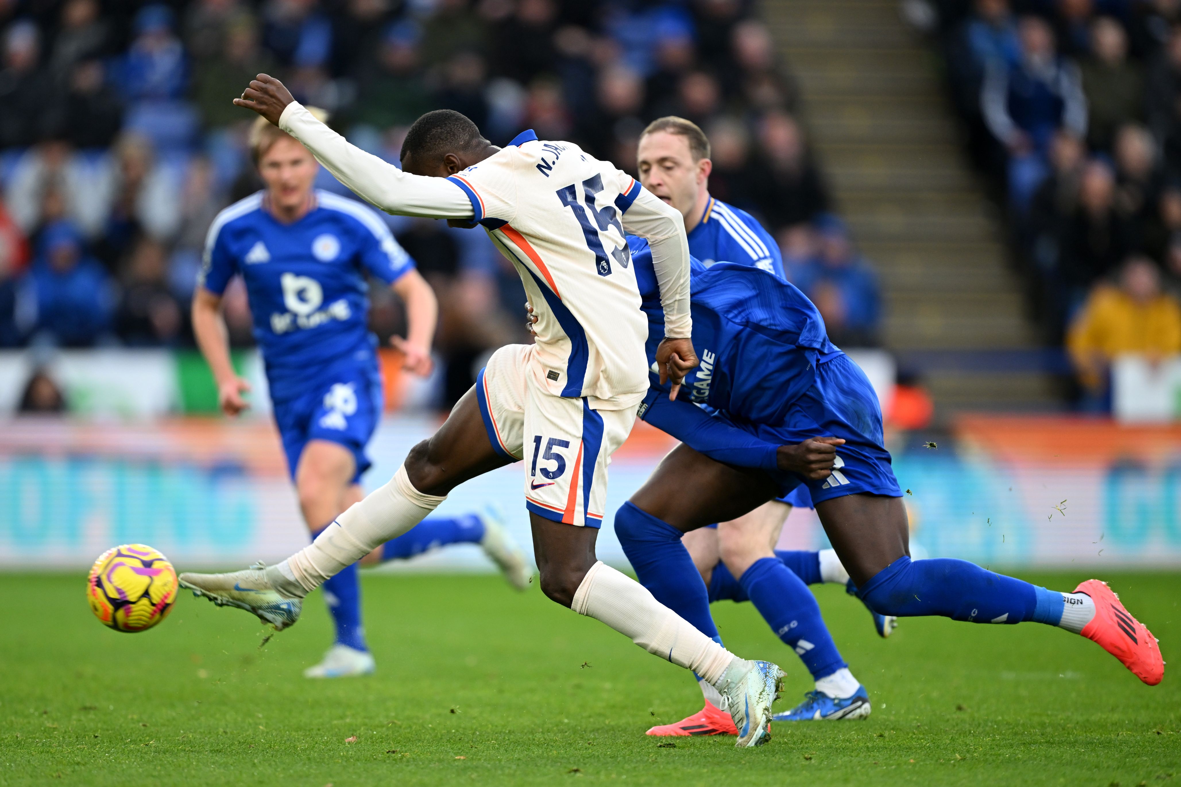 Nicolas Jackson's flicked finish with his toe against Leicester. (Photo by Michael Regan/Getty Images)