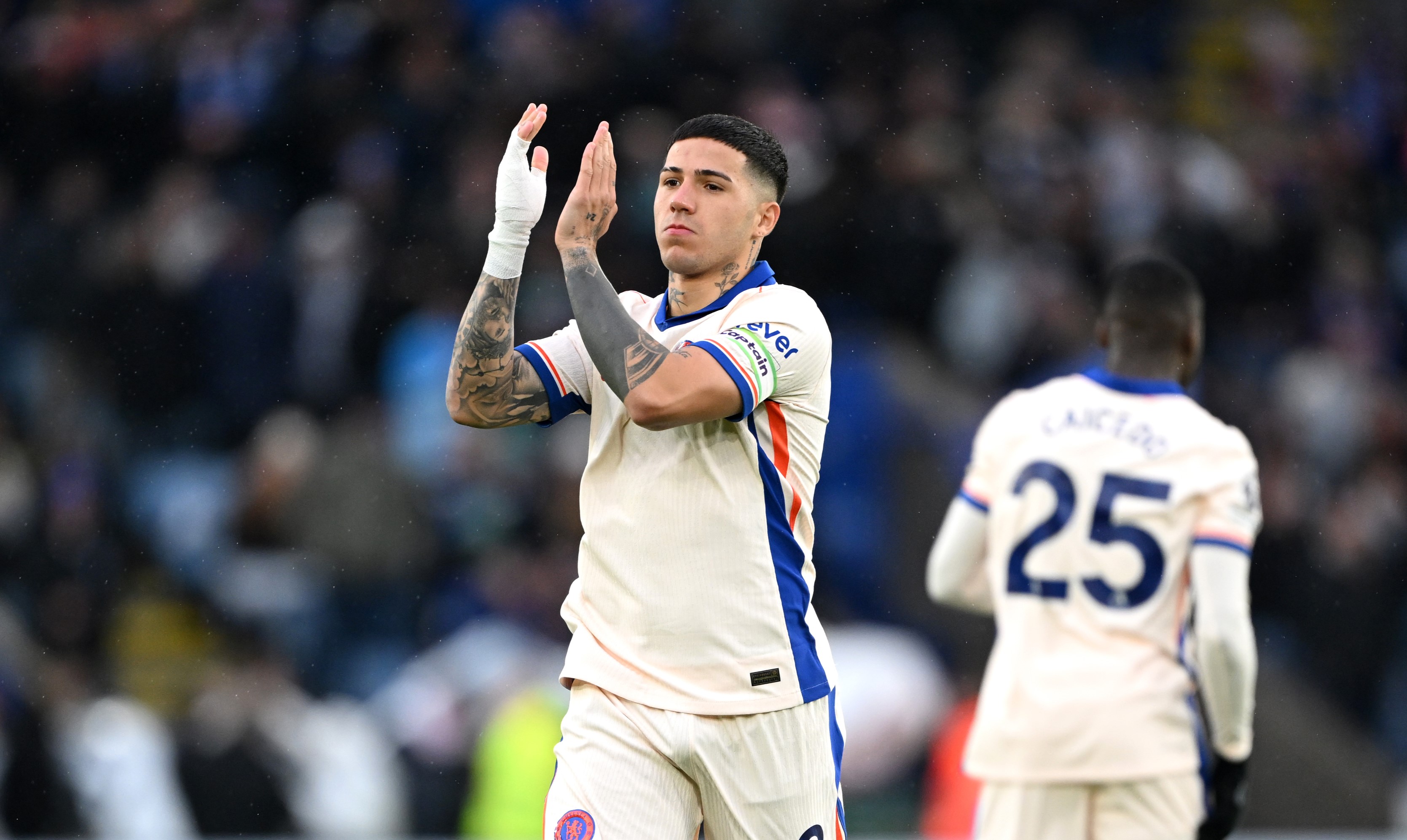 Enzo Fernandez applauds the away fans at the King Power Stadium. (Photo by Shaun Botterill/Getty Images)