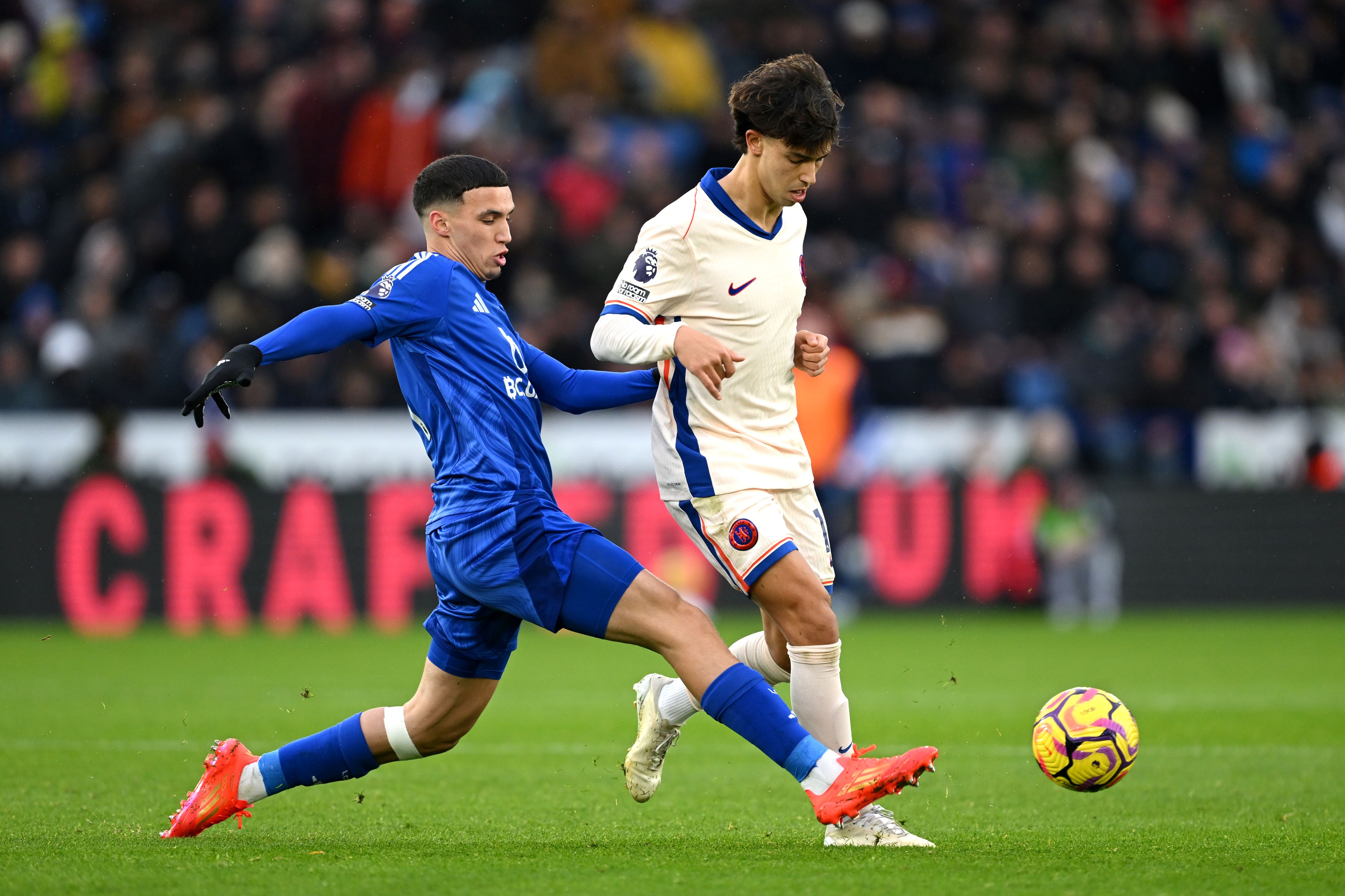 Joao Felix dances beyond a Leicester defender. (Photo by Michael Regan/Getty Images)