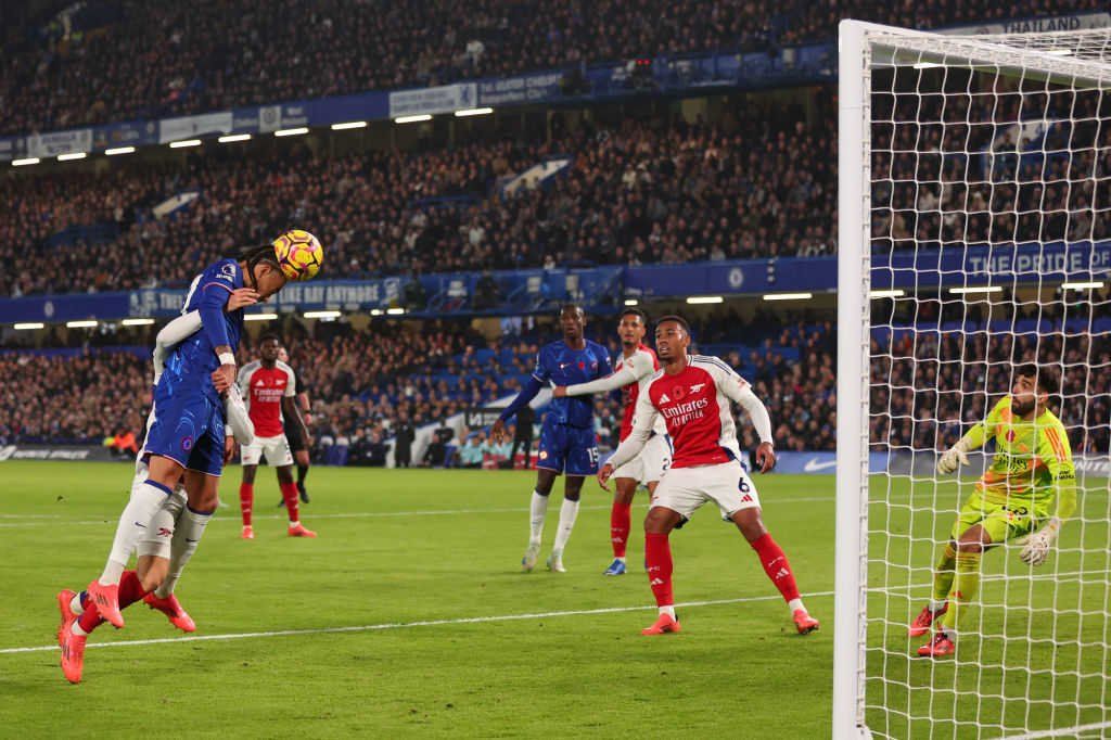 Malo Gusto heads over the bar from close range.