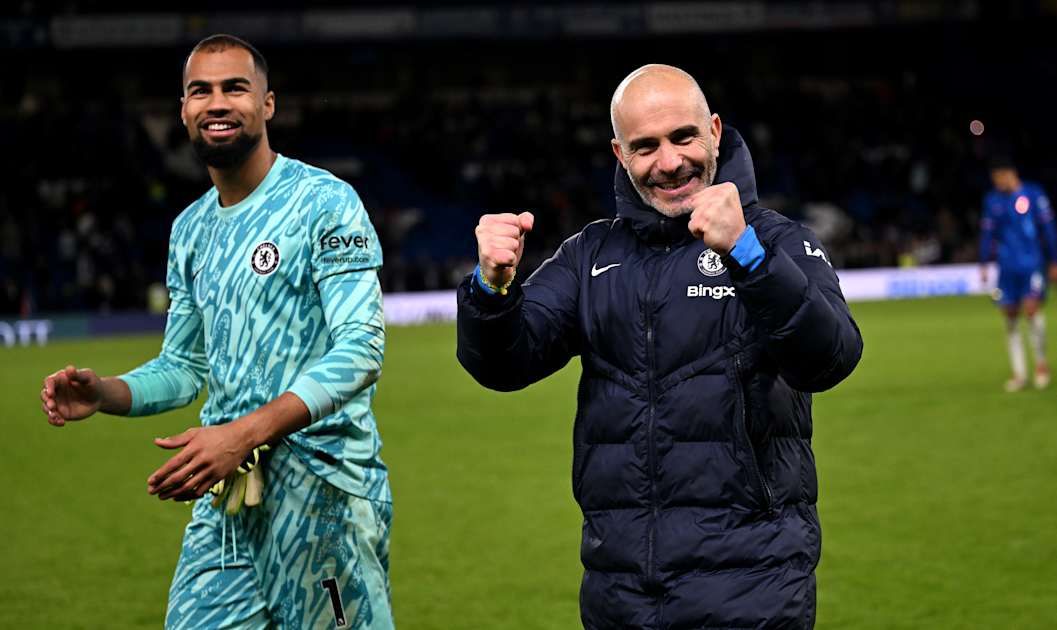 Enzo Maresca and Robert Sanchez celebrate at full time. (Photo by Darren Walsh/Chelsea FC)