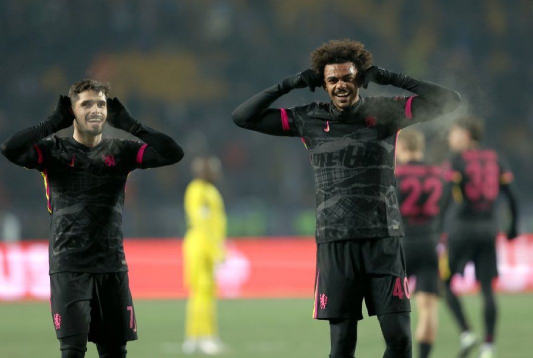 Renato Veiga and Pedro Neto celebrate a goal in Astana. (Photo by Darren Walsh/Chelsea FC)