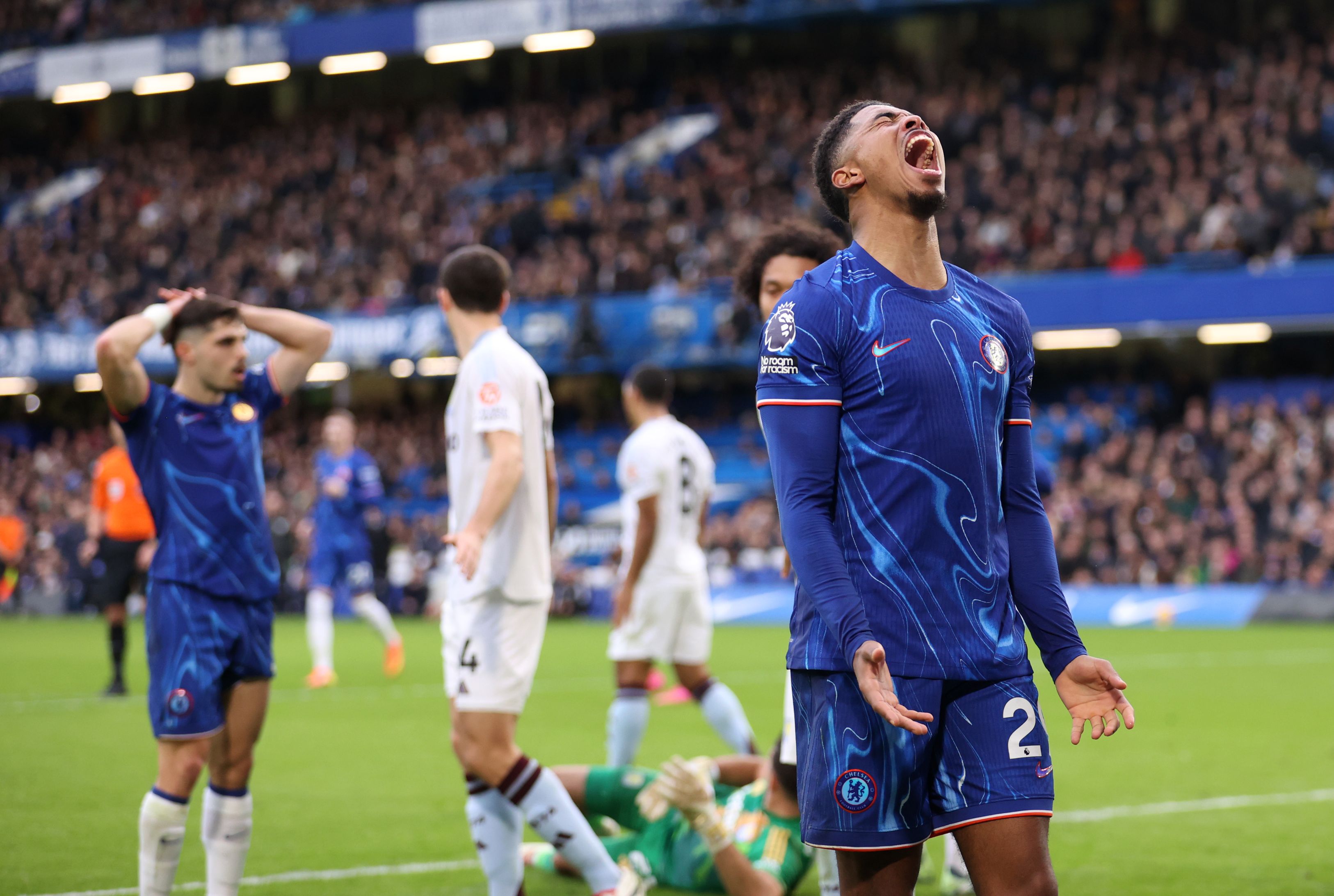 Wesley Fofana looks frustrated against Aston Villa. (Photo by Julian Finney/Getty Images)