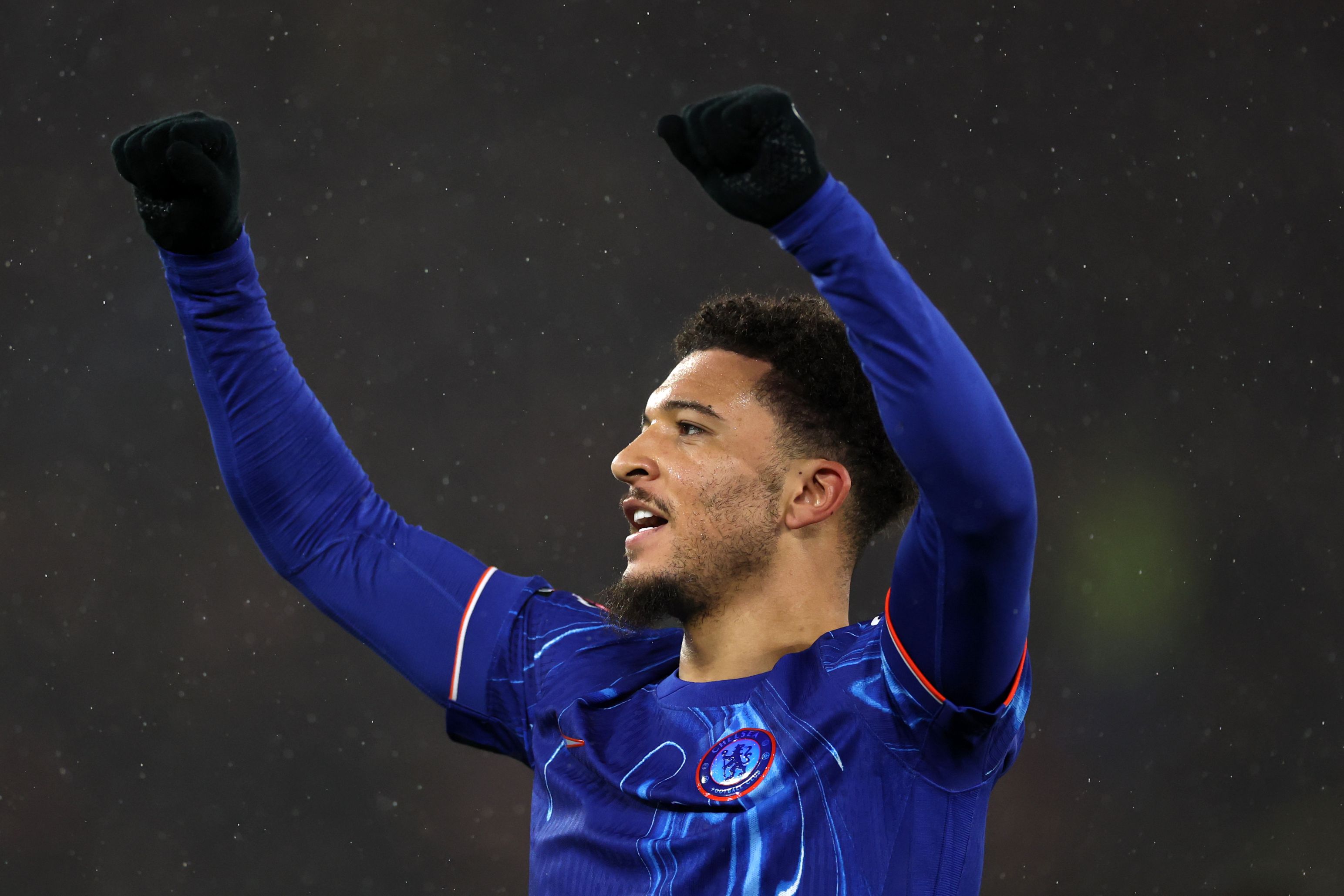 Jadon Sancho celebrates his first Chelsea goal. (Photo by Michael Steele/Getty Images)