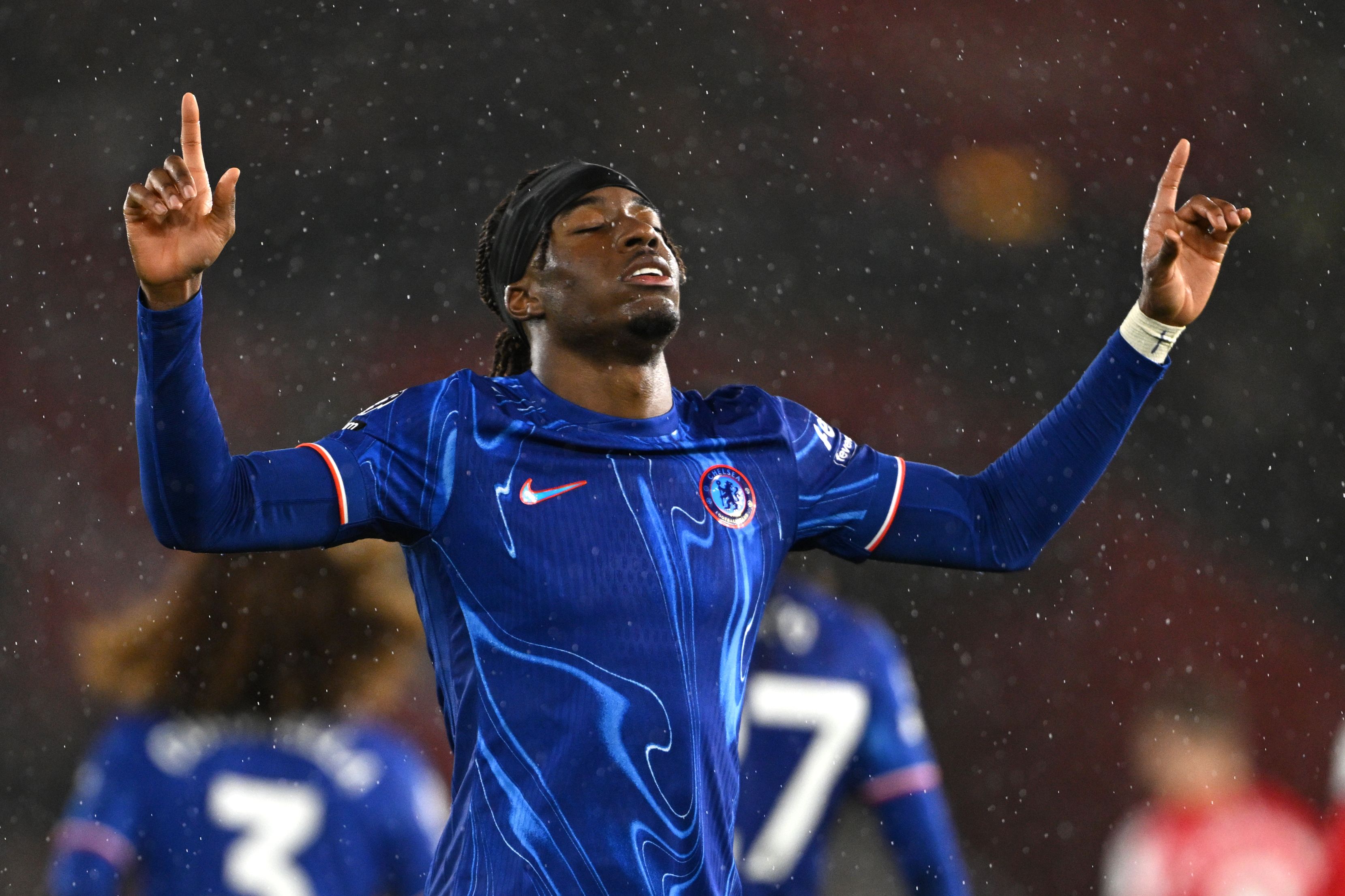 Noni Madueke celebrates scoring against Southampton. (Photo by Mike Hewitt/Getty Images)