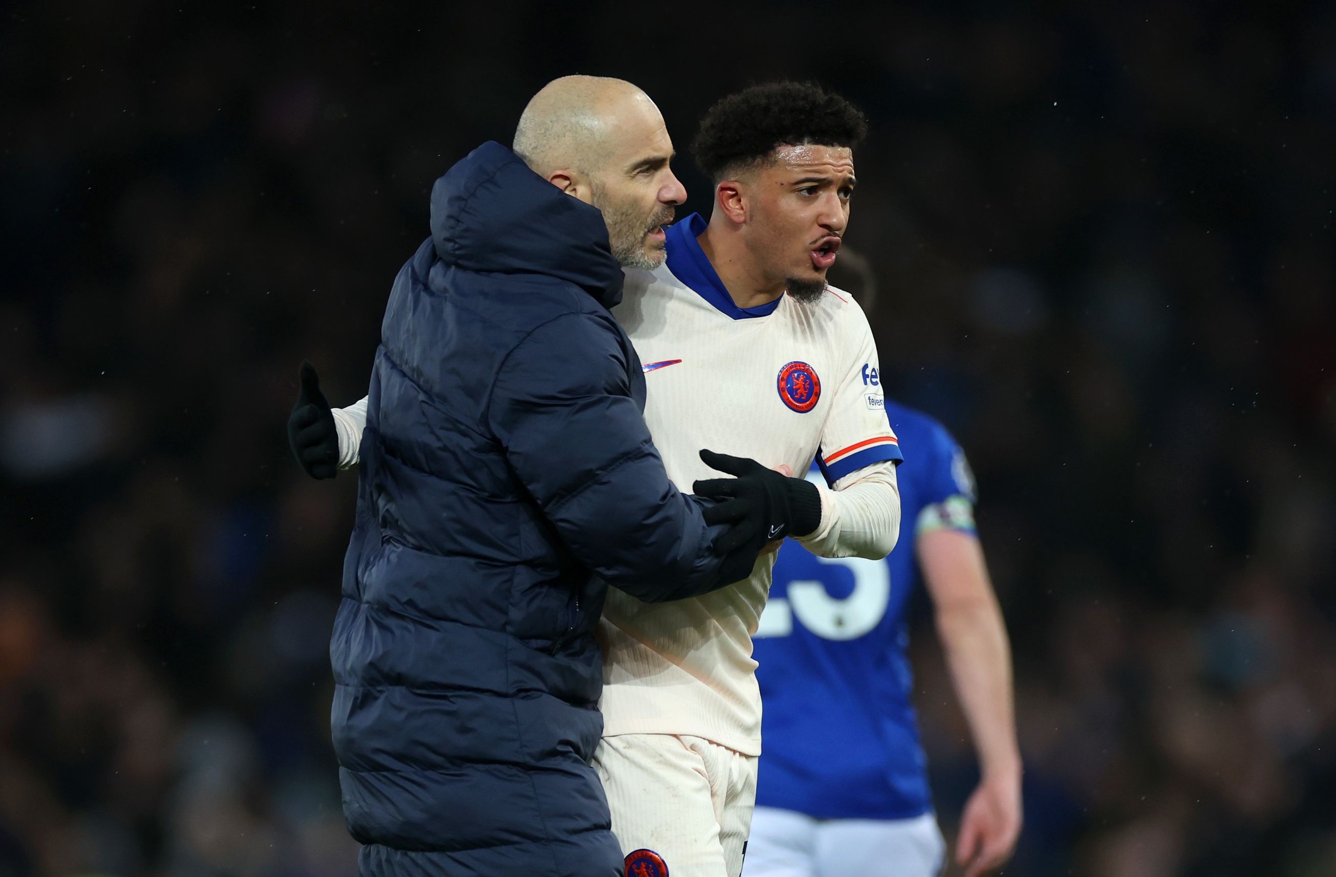 Enzo Maresca and Jadon Sancho at full time against Everton. (Photo by Lewis Storey/Getty Images)