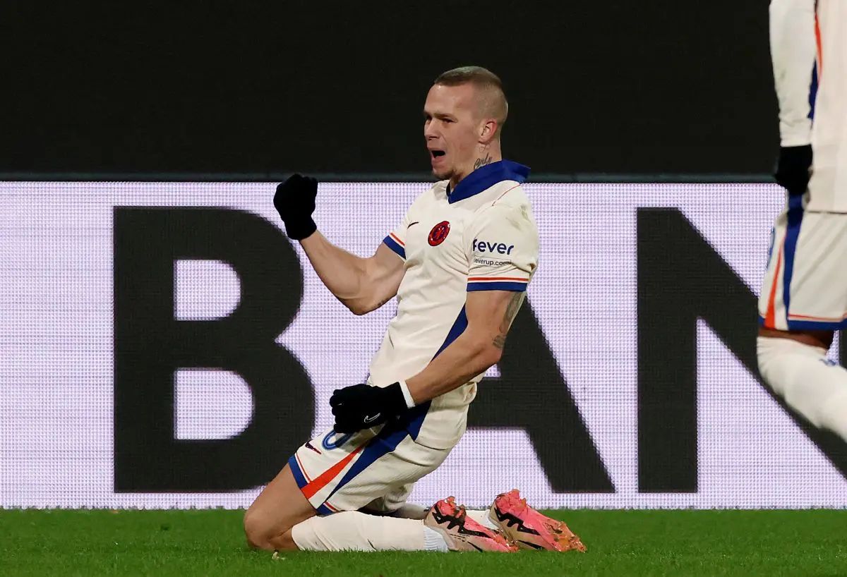 Mykhailo Mudryk of Chelsea celebrates scoring against Heidenheim. (Photo by Alex Grimm/Getty Images)