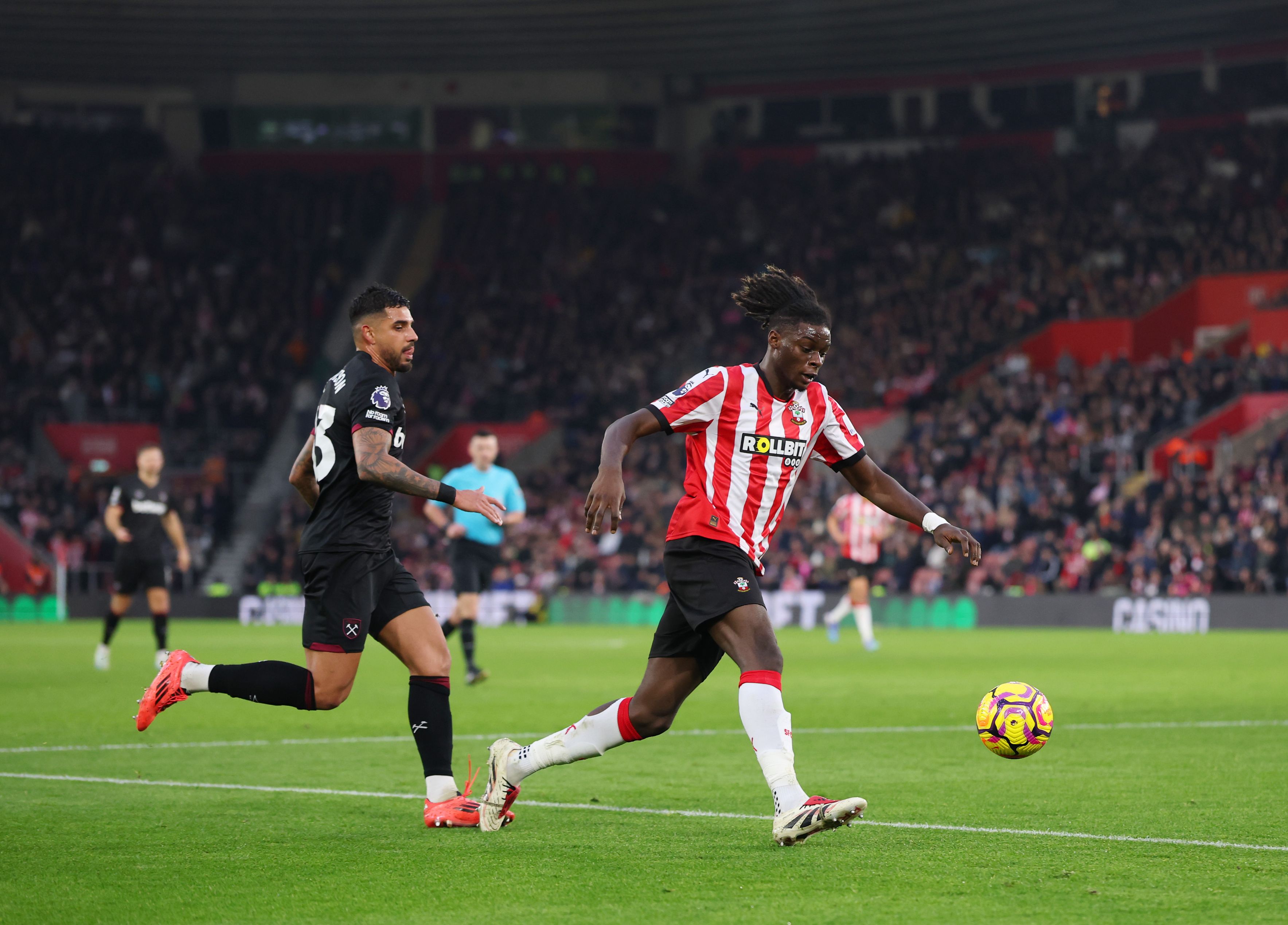 Lesley Ugochukwu controls midfield against West Ham. (Photo by Alex Pantling/Getty Images)