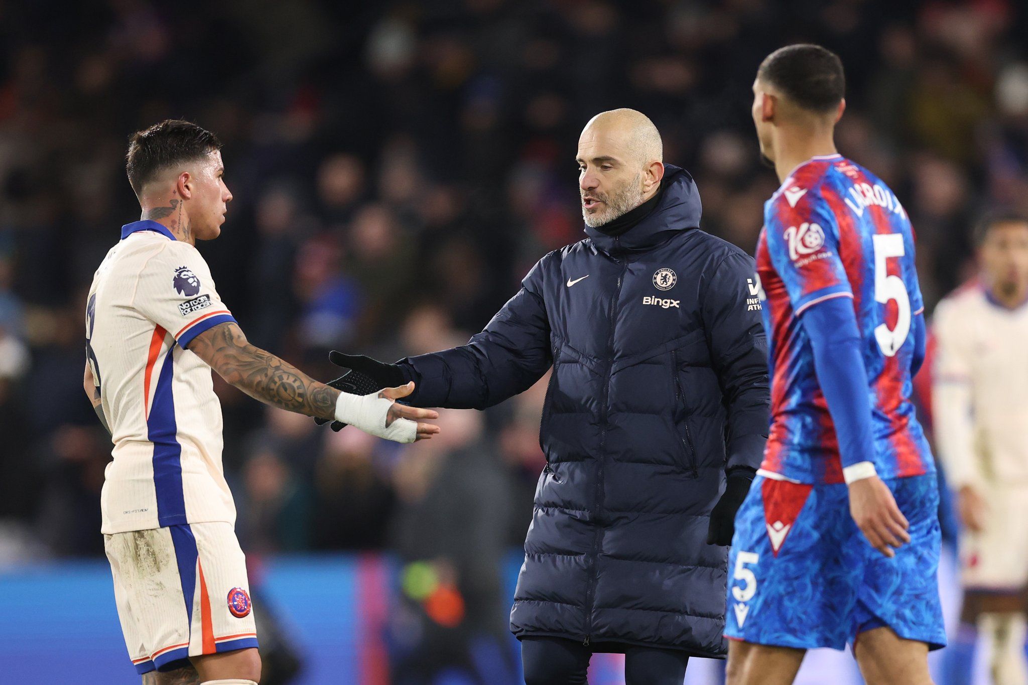 Enzo Maresca with Enzo Fernandez at full time after a draw. (Photo by Darren Walsh/Chelsea FC)