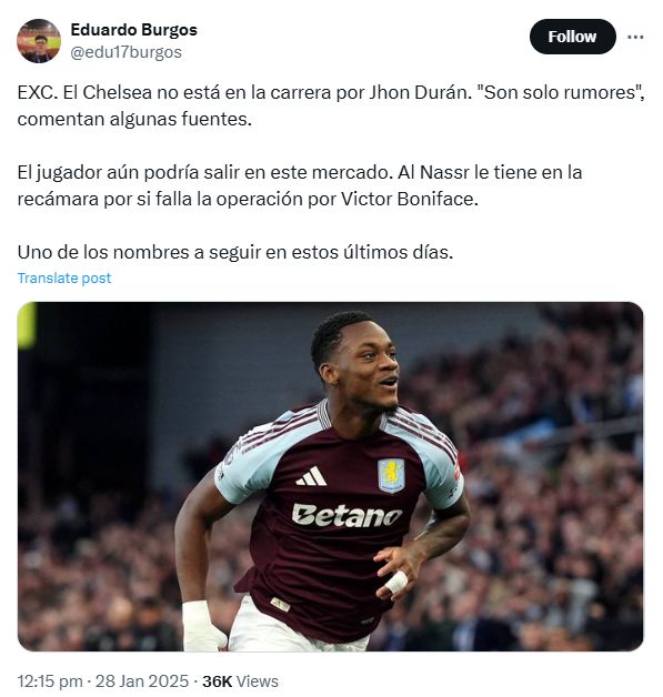 Edu Burgos' Tweet about Jhon Duran.