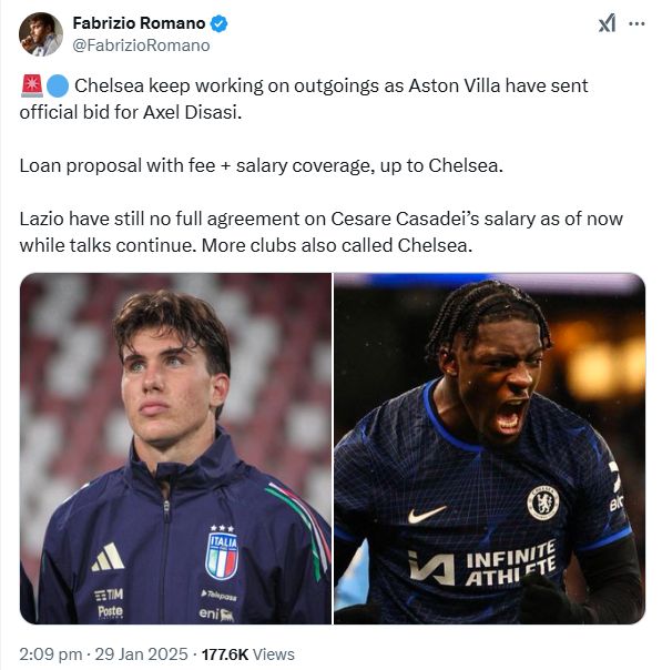 Fabrizio Romano's Tweet about a potential Axel Disasi move.
