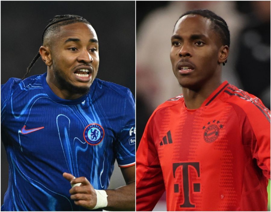 Christopher Nkunku and Bayern's Mathys Tel. (Photo by Mike Hewitt, Alex Grimm/Getty Images)