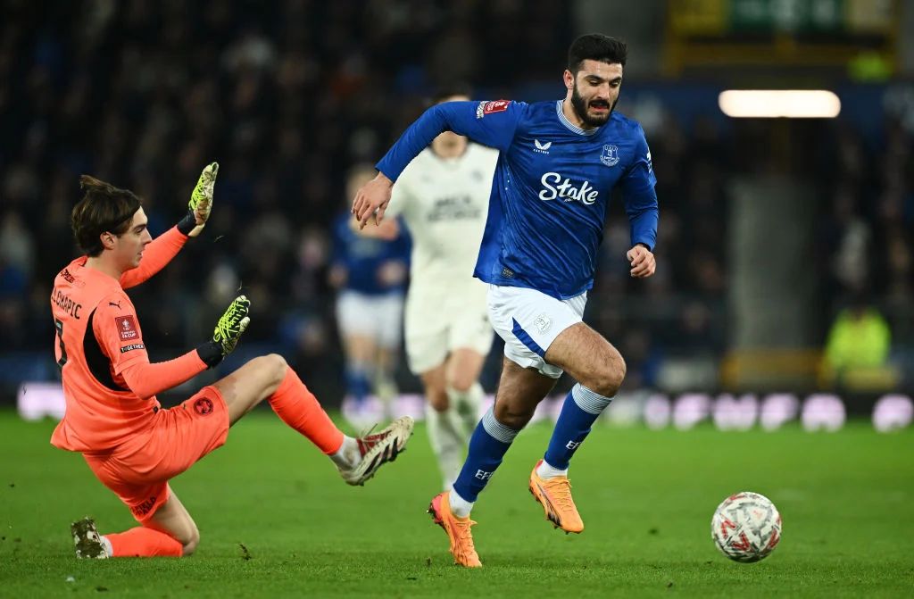 Armando Broja runs clear of a tackle in the FA Cup. (Photo by Gareth Copley/Getty Images)