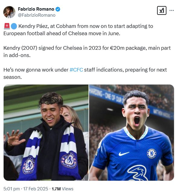 Fabrizio Romano's Tweet about Kendry Paez training at Cobham.