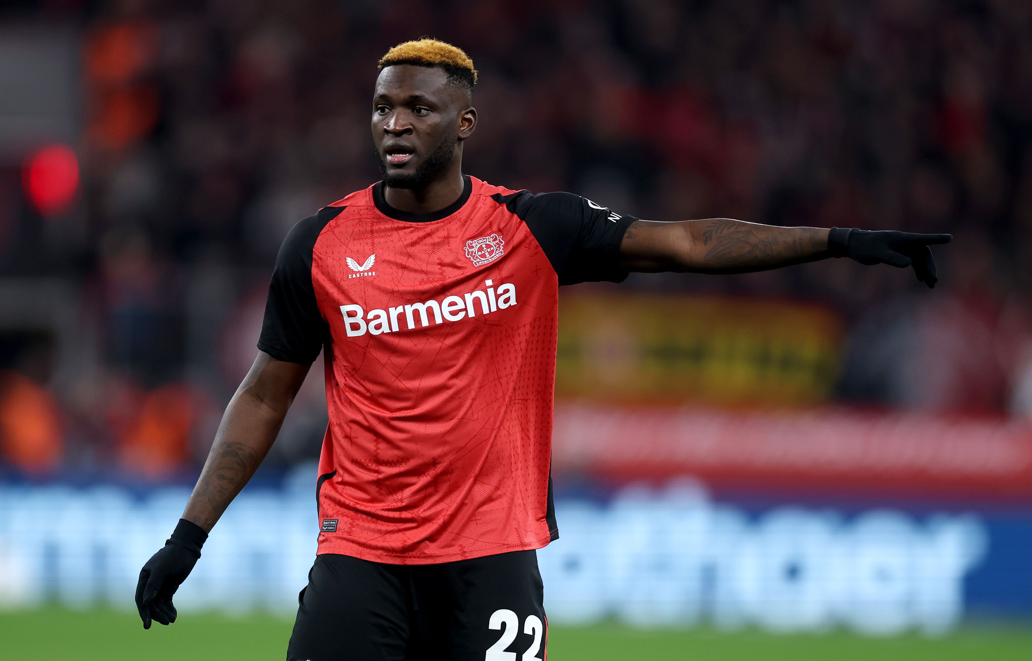 Victor Boniface in action for Bayer Leverkusen.