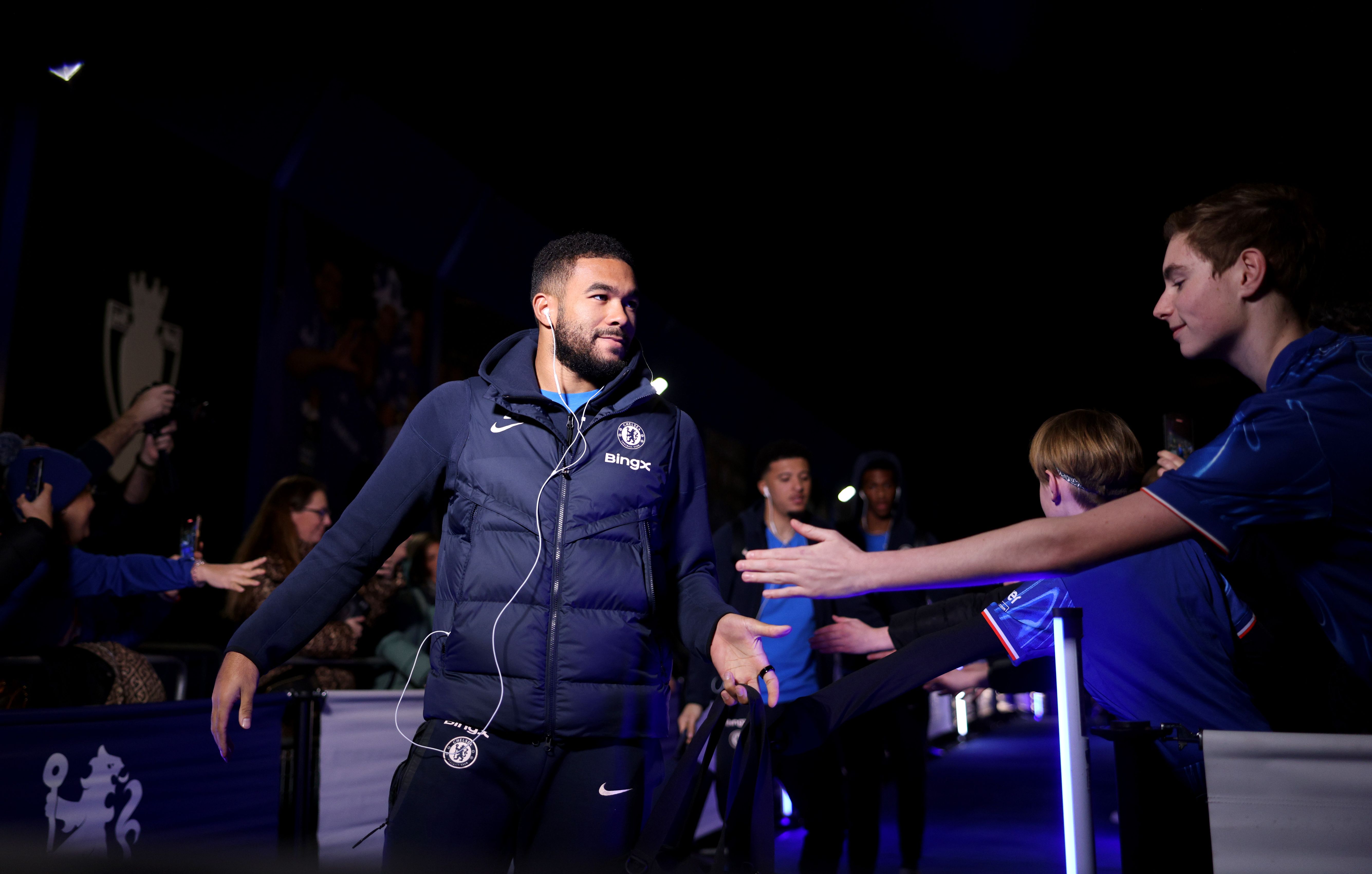 Reece James arrives at Stamford Bridge.