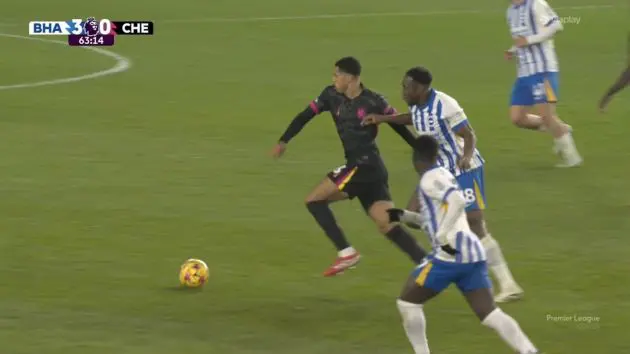 Levi Colwill is clipped by Yankuba Minteh in the buildup to a goal.