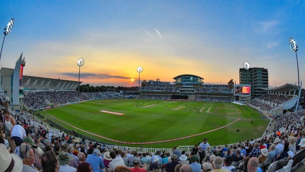 Trent Bridge Stadium at dusk.