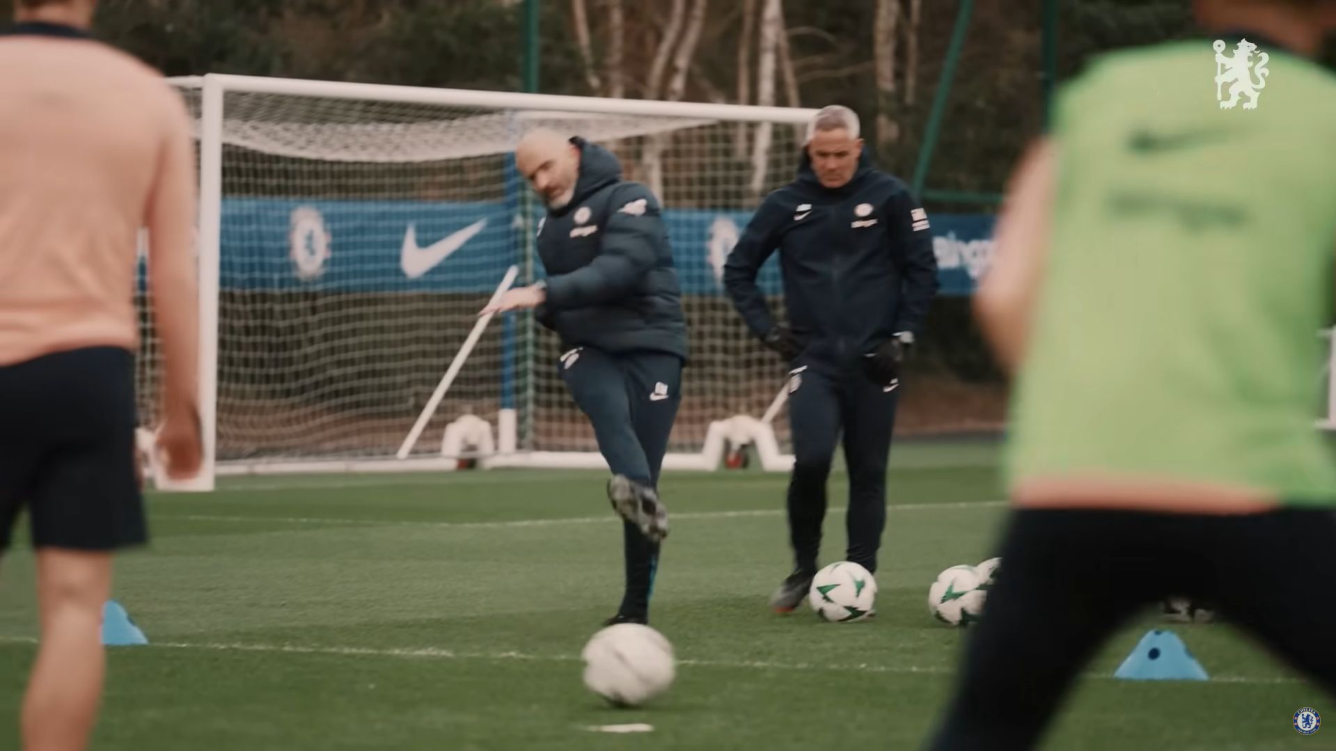 Enzo Maresca gets stuck in in training.