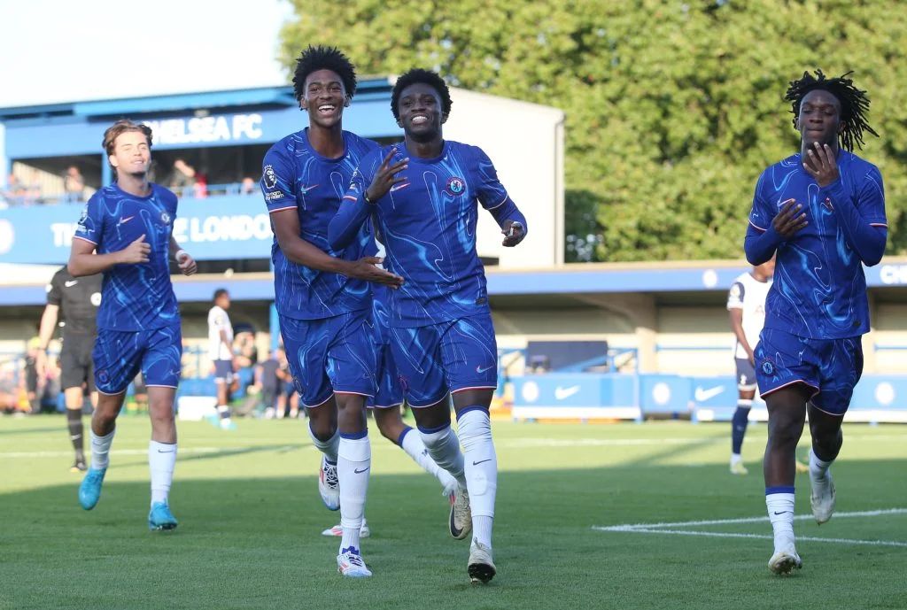 Chelsea's academy players celebrate a goal.