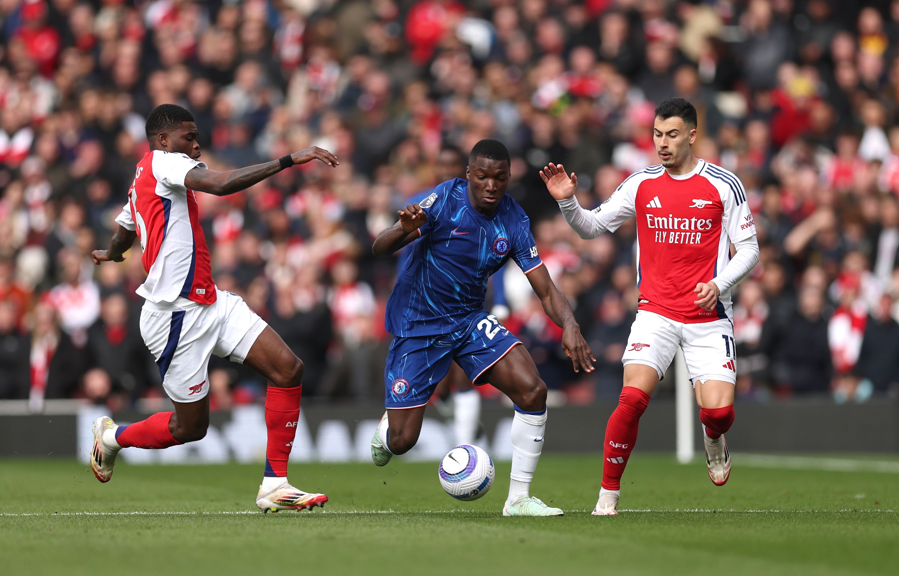 Moises Caicedo runs through legs in midfield.