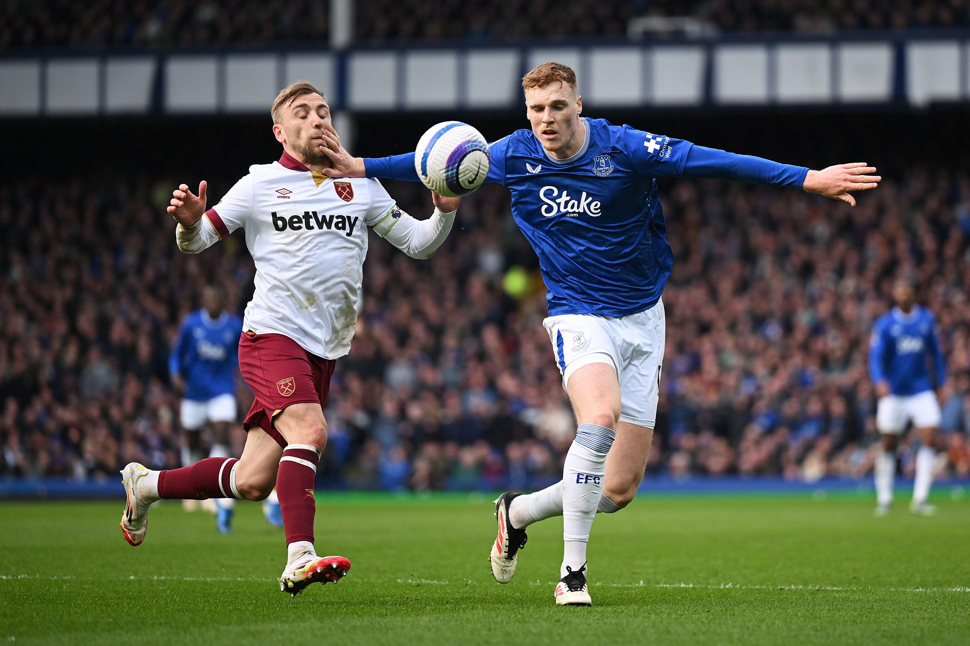 Jarrad Branthwaite battles for possession against West Ham.