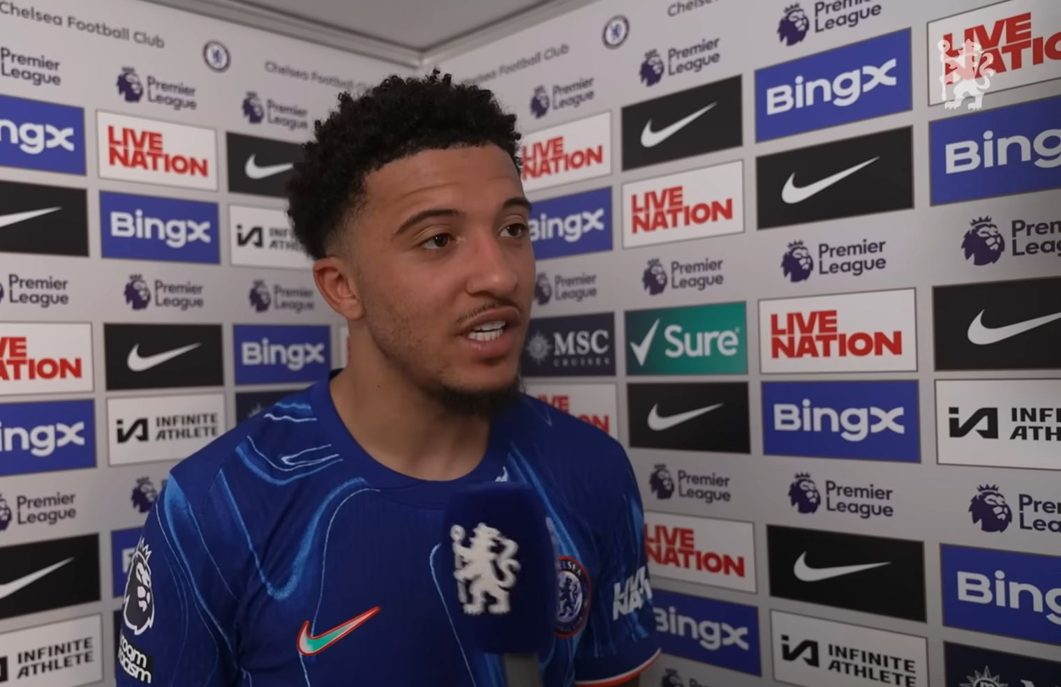 Jadon Sancho talks to the cameras after a 1-0 win.