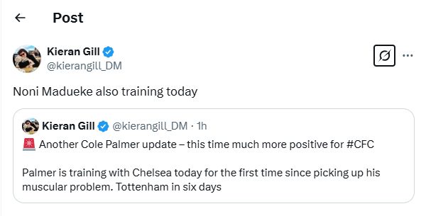 Kieran Gill's Tweet about Cole Palmer and Noni Madueke training again.