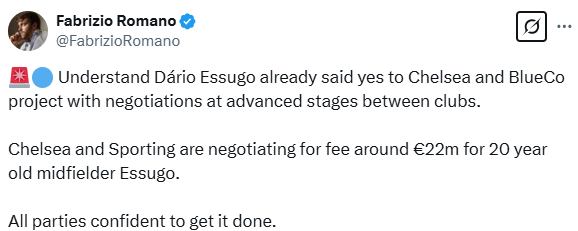 Fabrizio Romano's Tweet about impending Essugo move to Chelsea.