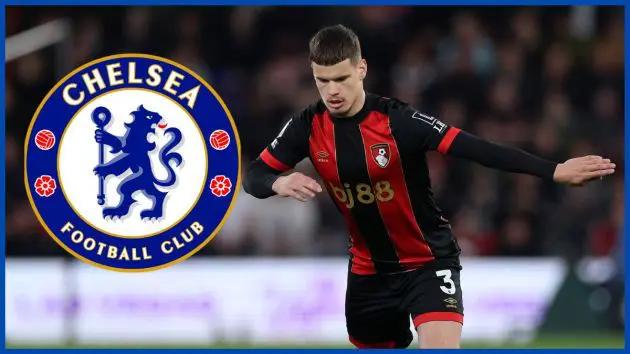 Milos Kerkez with a Chelsea logo.