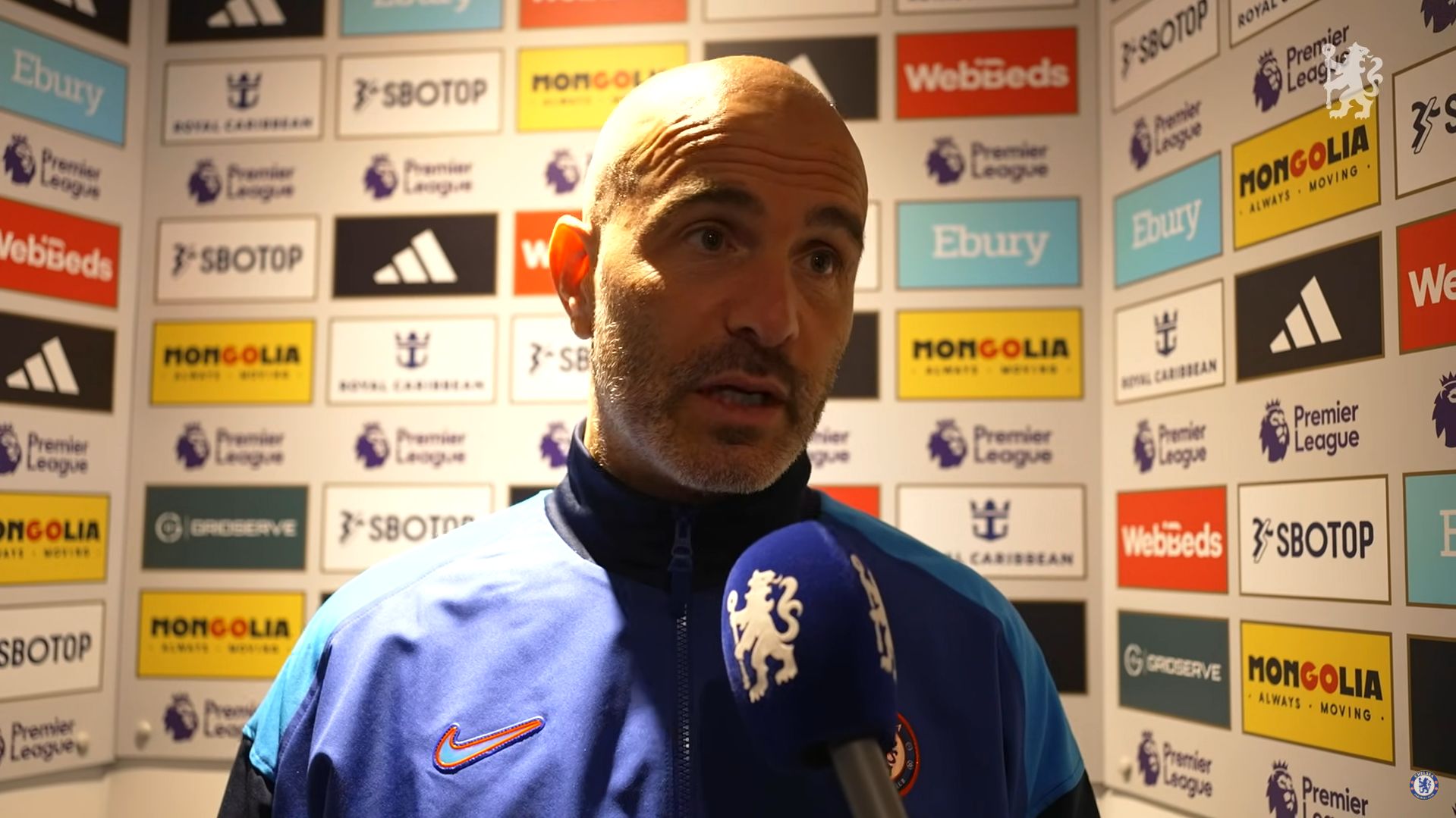 Enzo Maresca speaks to the cameras after Chelsea beat Fulham.