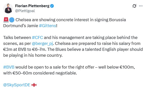 Florian Plettenberg's Tweet about Jamie Gittens.