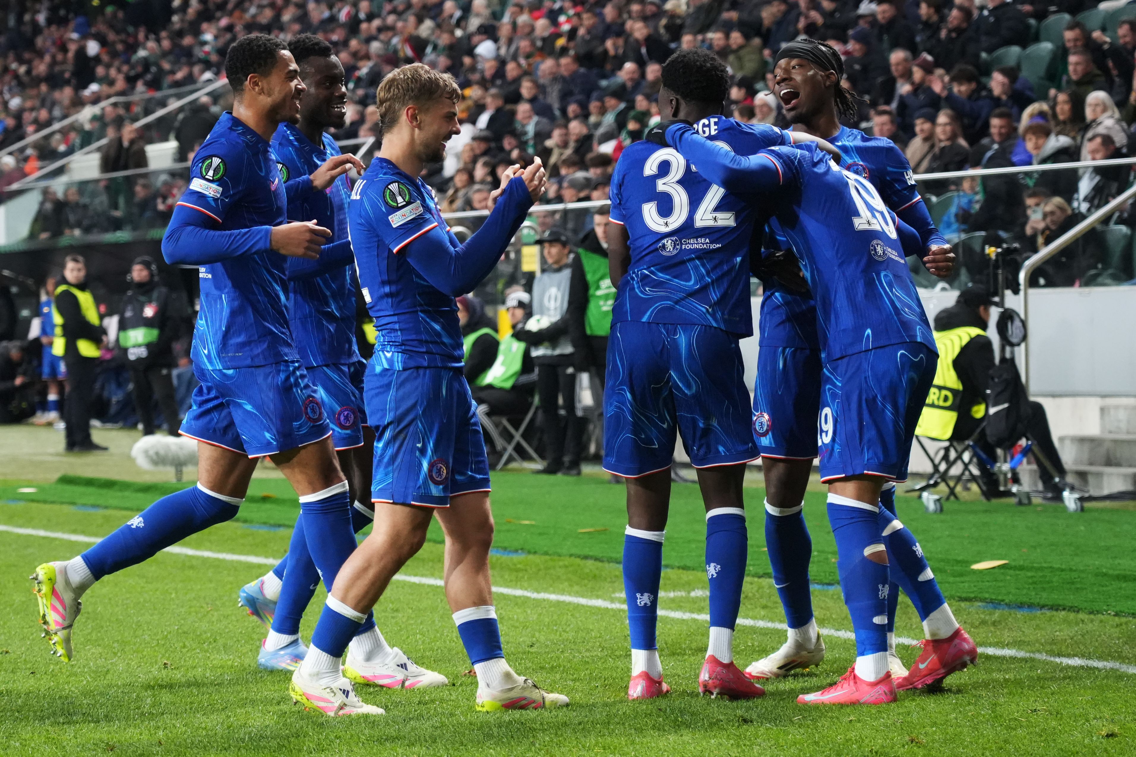 Noni Madueke celebrates goal against Legia Warsaw.