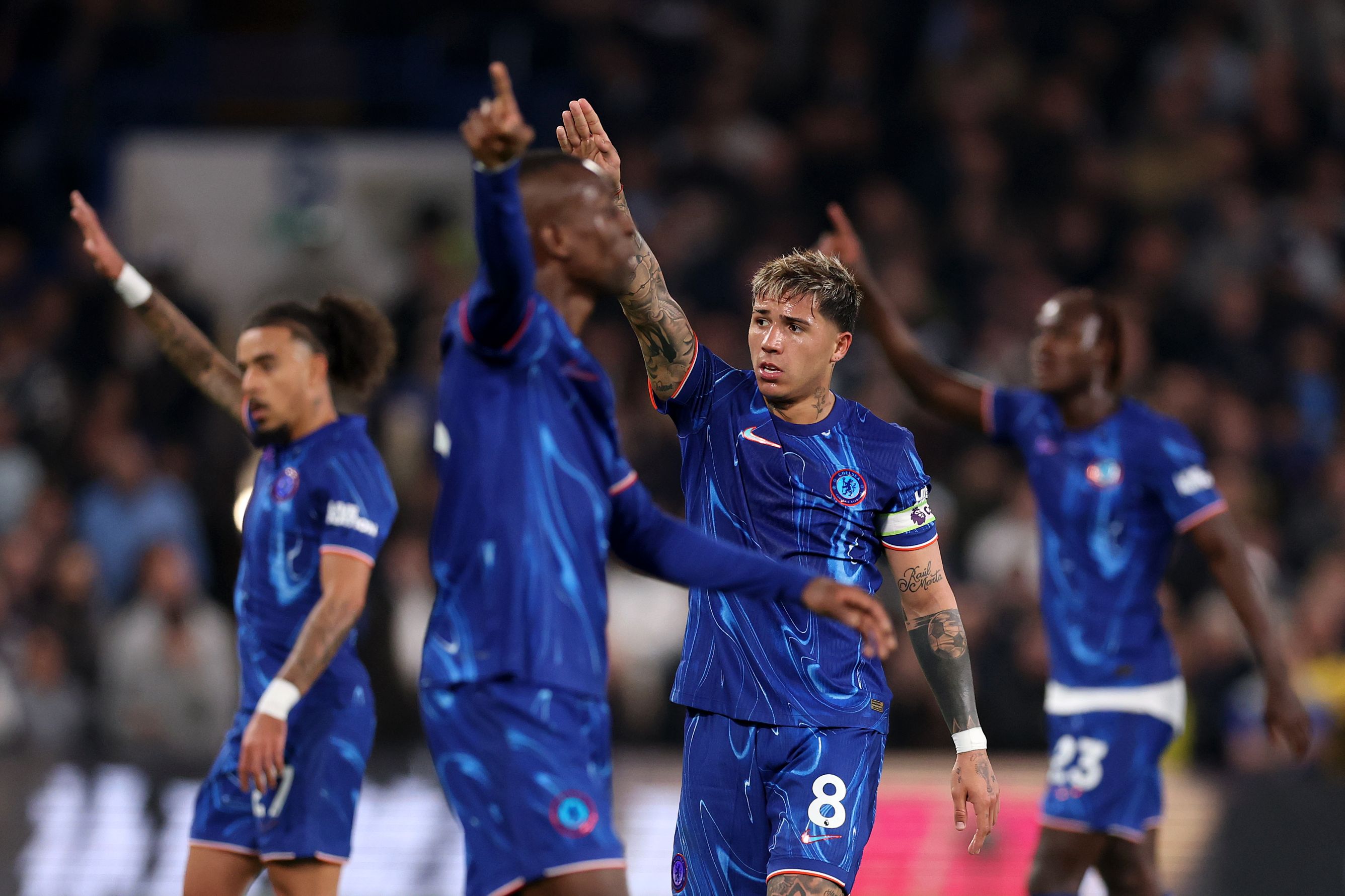 The Chelsea team appeal for a corner. (Photo by Julian Finney/Getty Images)