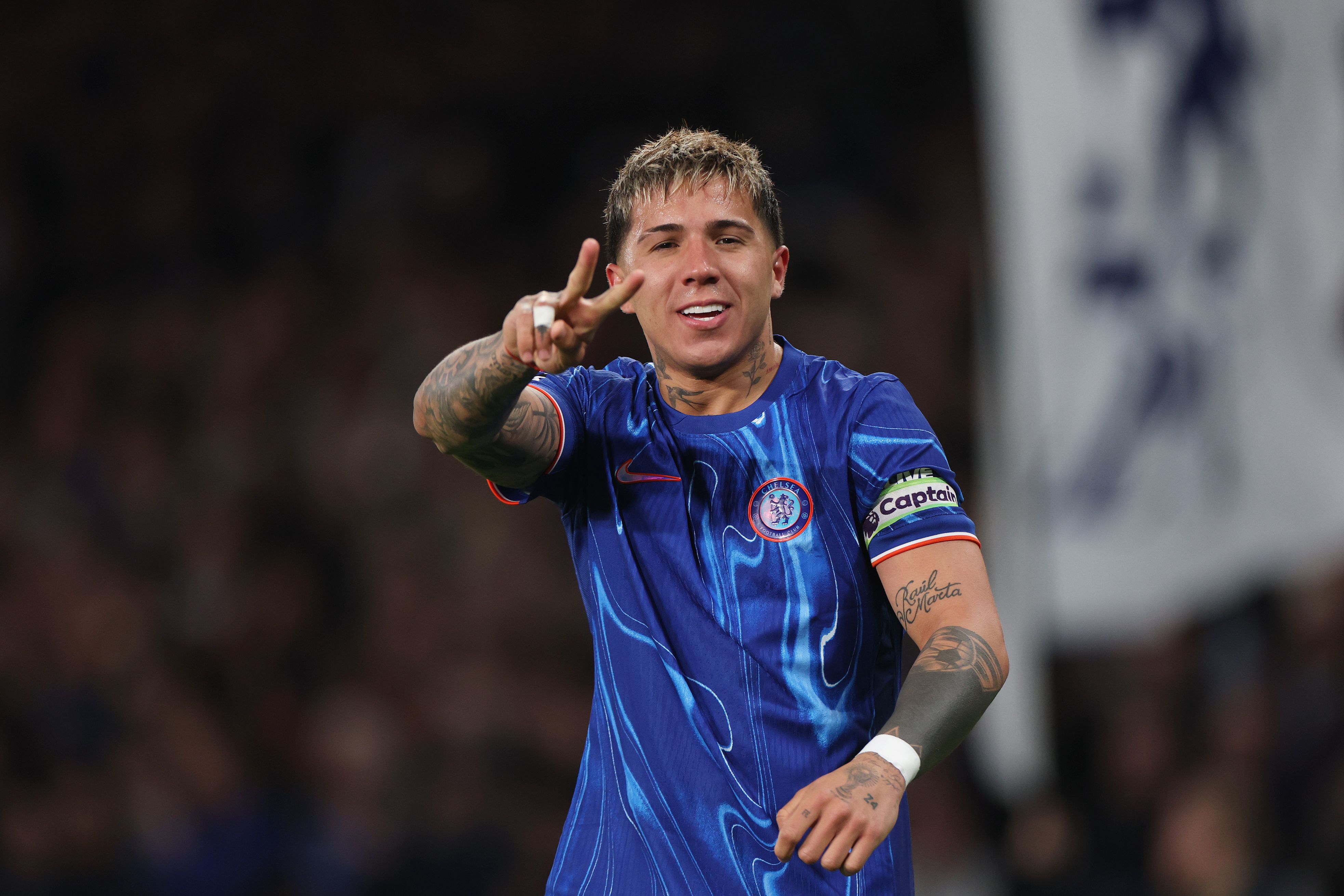Enzo Fernandez celebrates scoring against Tottenham.