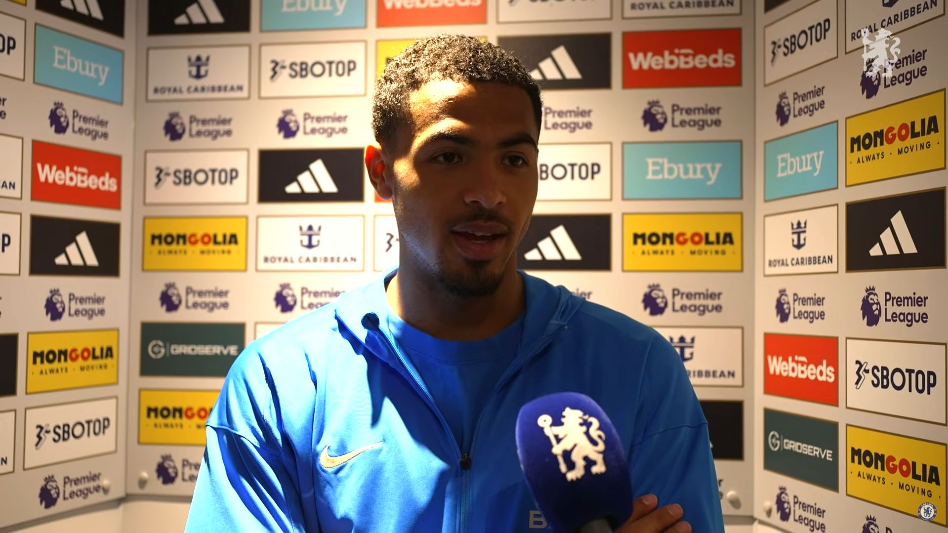 Levi Colwill speaks to the TV cameras after Chelsea - Fulham.