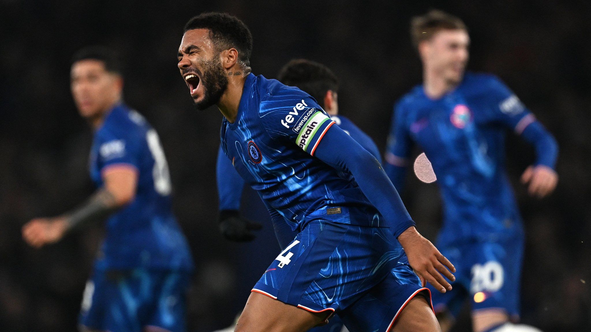 Reece James celebrates a goal.