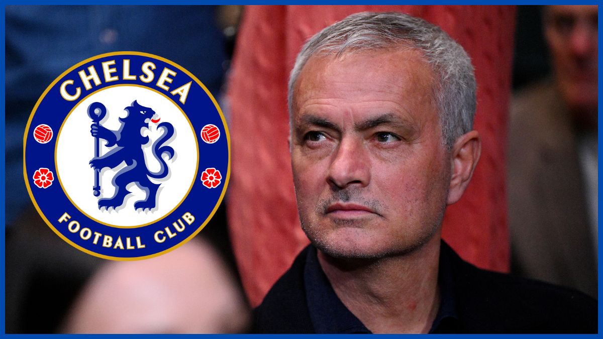 Jose Mourinho with a Chelsea logo. (Photo by Michael Regan/Getty Images)