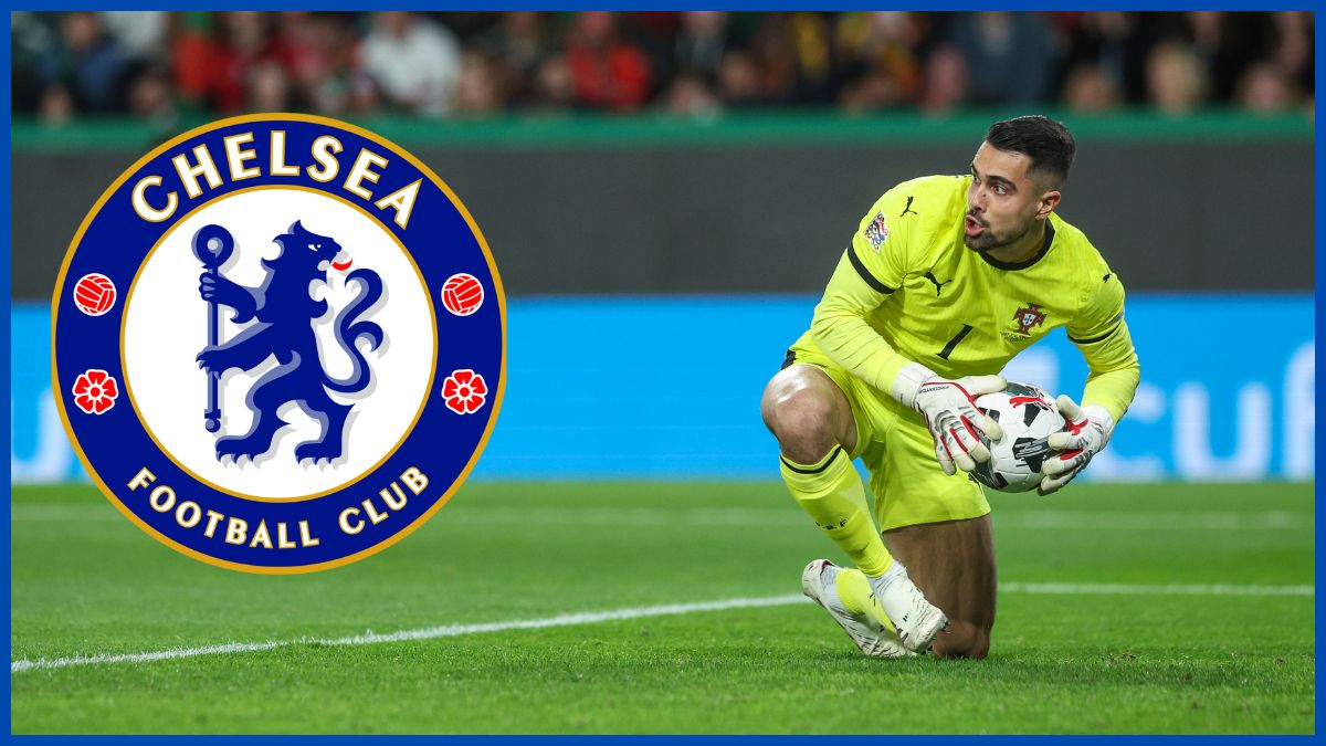 Diogo Costa playing for Portugal with a Chelsea logo.