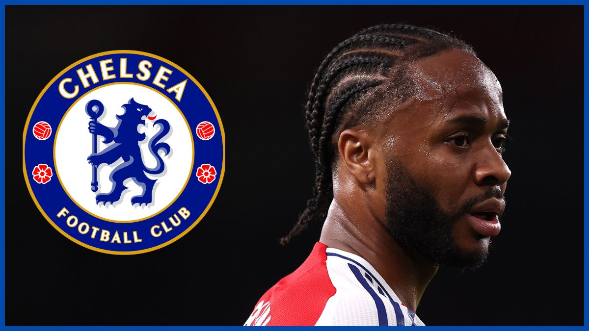 Raheem Sterling with a Chelsea logo.