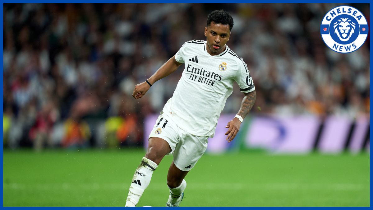 Rodrygo Goes with a Chelsea logo. (Photo by Angel Martinez/Getty Images)