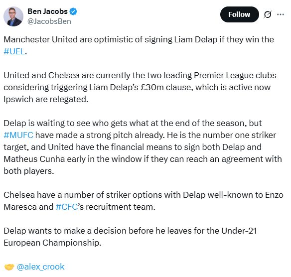 Ben Jacobs Tweet about Liam Delap.