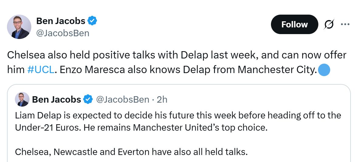 Ben Jacobs' latest update on Liam Delap's future.