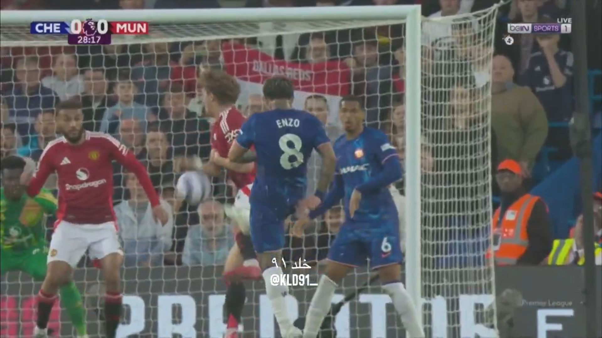 Enzo Fernandez hits a shot off Rasmus Hojlund's hand.